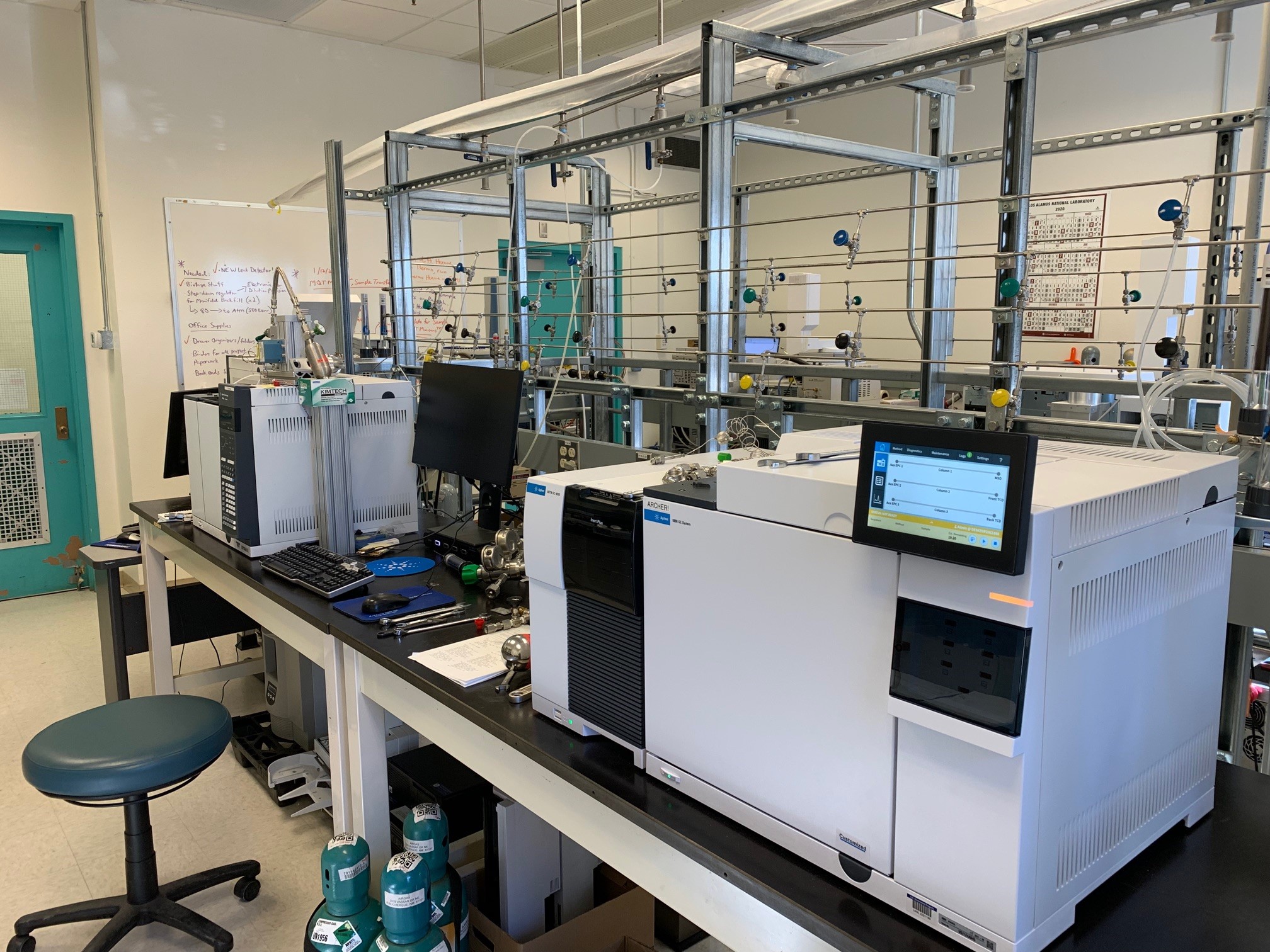 Two of our Agilent GC Systems used for analyzing analytes in pressurized and sub-atmospheric gas-phase matrices. Gases for analysis can either be pressurized, or injected under vacuum depending on sample pressure. 