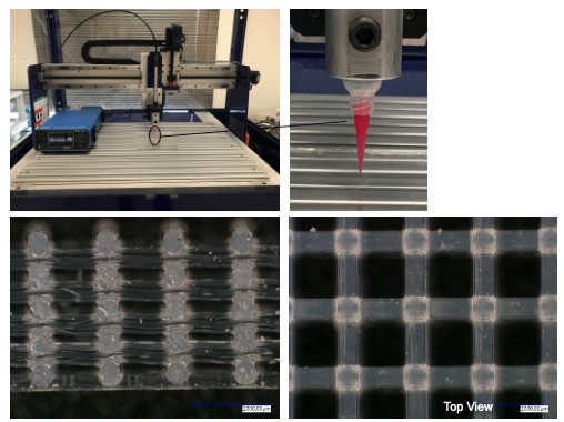 R&D DIW experimental setup and microscope images of a printed pad. Silicones are extruded through a 250 mm nozzle in various patterns to meet mechanical response requirements