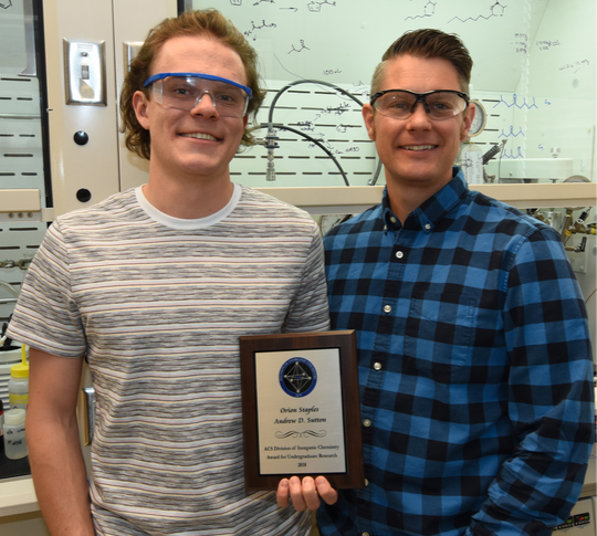 Orion Staples and Dr. Andrew Sutton were jointly honored with the ACS Undergraduate Research Award as student and preceptor. 