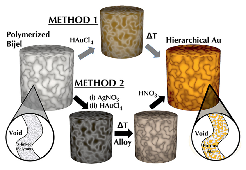 Figure 6. Processing route to hierarchically porous gold monoliths using bijels as templates. Method 1: a nanocasting approach. Method 2: A nanocasting and dealloying approach