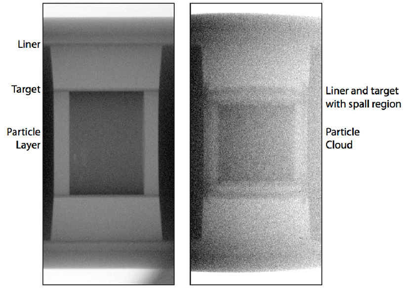 Figure 8. (Left image): Pre-shot X-radiograph. (Right image): Shot X-radiograph made approximately 26 µs after the start of current flow. The X-radiographs are recorded on storage phosphor image plates. The pre-shot X-radiograph was made in the absence of protons. The shot X-radiograph had a significant noise background as a result of the protons used for the proton-radiographs. The shot image was taken after the liner had impacted the target and had spalled.