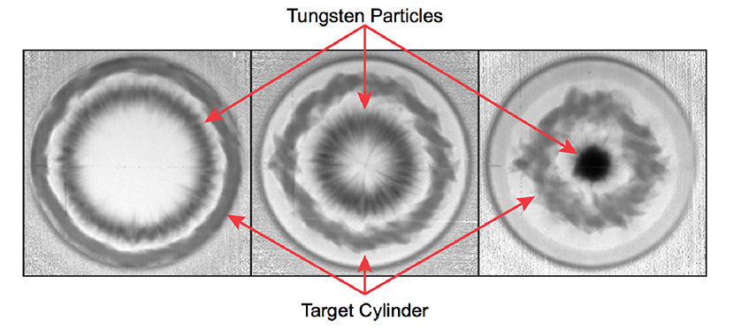 Figure 7. Three of the 21 proton-radiographs taken down the liner load central axis during the experiment. (Left to right): Images taken at approximately 30 µs, 34 µs and 39 µs after the start of current flow. In the first image the cloud of tungsten particles and target cylinder are in the field of view. In the second image, the fastest traveling particles have reached the center; in the third image, most of the tungsten particles have accumulated at the center.