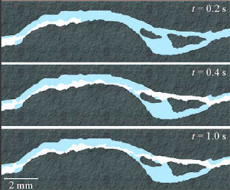 Figure     2.    Time   -­‐lapse     images    of    scCO 2     displacing    water    in    a    fracture    etche d    into    a    shale    micromodel.    The    white,    blue,     and    gray    colors    represent    scCO 2 ,    water,    and    shale ,    respectively