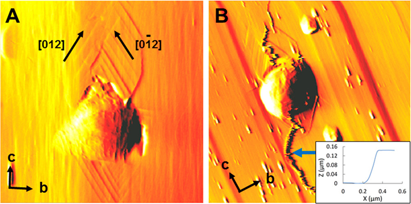 Figure. Postindent images of anhydrous uric acid (100) resulting from cono-spherical indents at loads of (A) 2000 micronewtons and (B) 5000 micronewtons. 