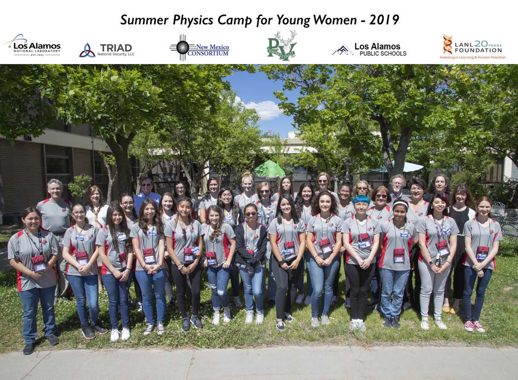 The 22 young women selected to participate in the 2019 Summer Physics Camp along with some of the volunteers who participated in the LANL tour.