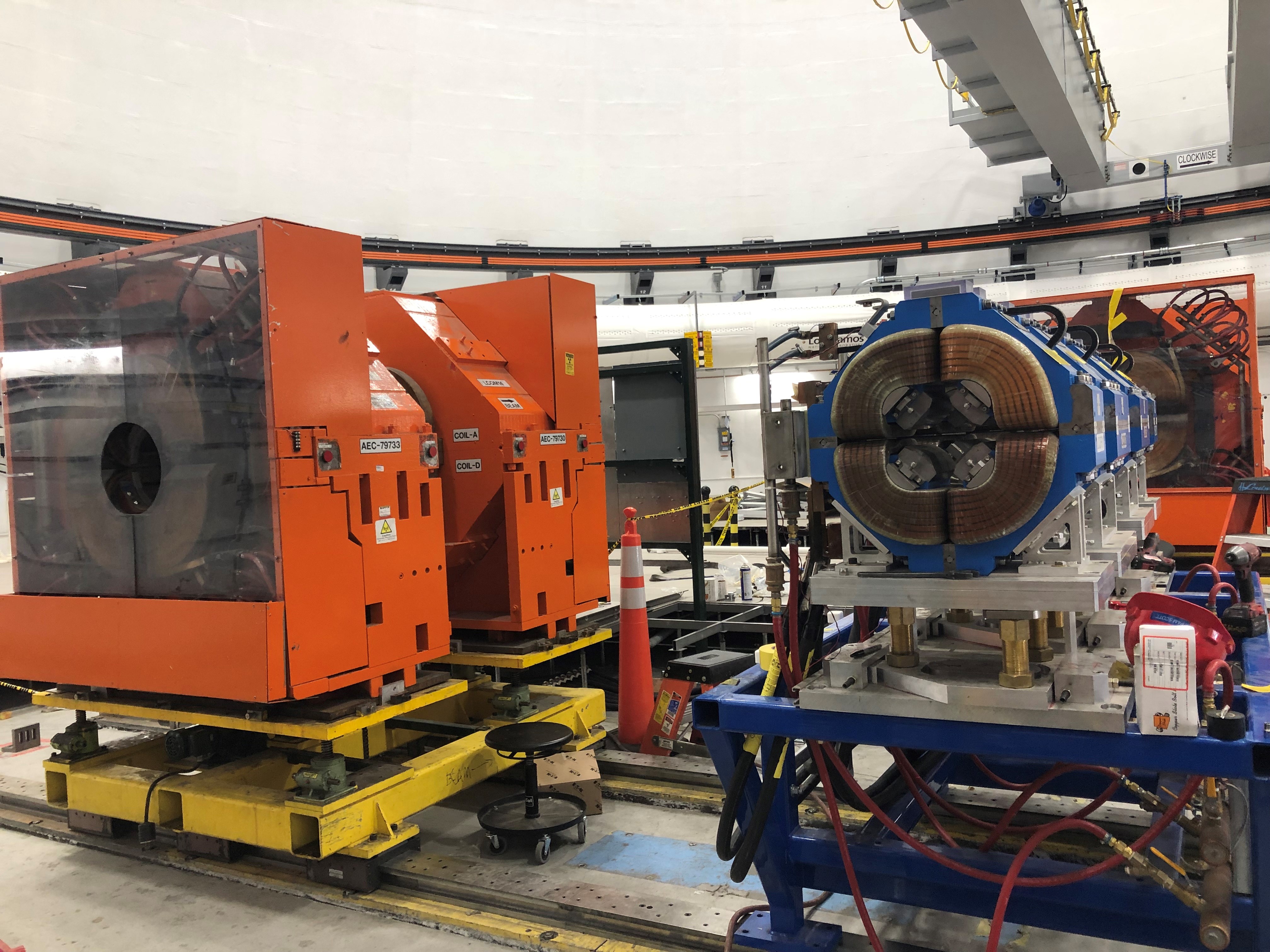 The Proton Radiography Facility’s two quadrupole magnets, the Identity Lens (left) and the x3 Magnifier (right), are now mounted on rails for simplified experimental setup.