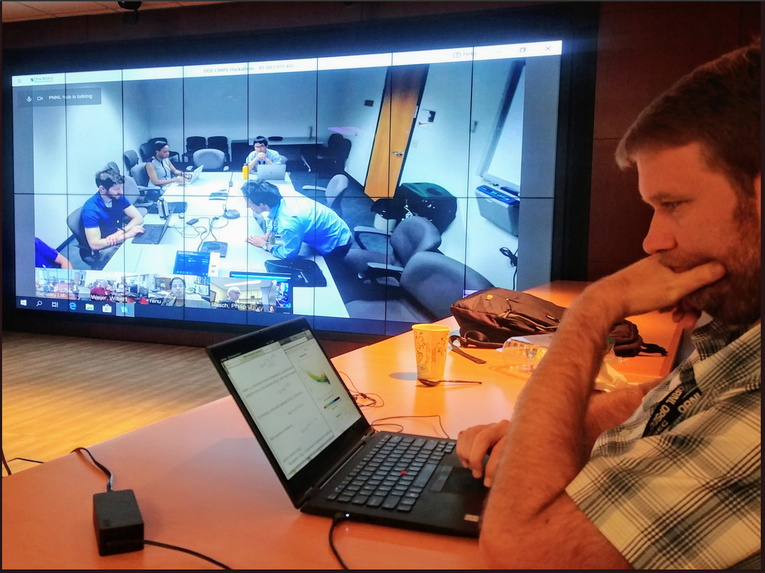 From the Oak Ridge National Laboratory Hackathon hub, teams from the other laboratories can be seen on a big screen. This live feed allowed for rapid collaboration during the event.