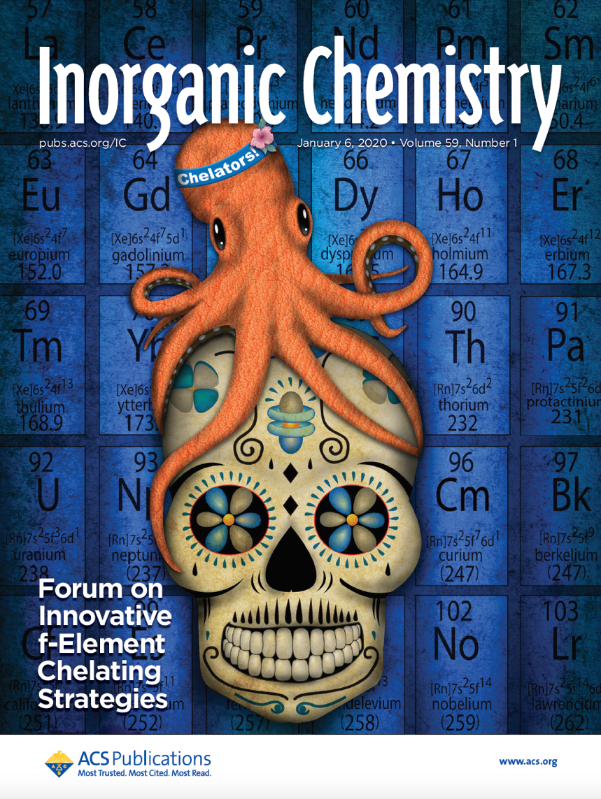 The cover highlights that ideal f-element chelators (represented by an eight-limbed octopus) need to fulfill the large coordination numbers of these metals, typically eight and above. (Cover art by Josh Smith, Los Alamos National Laboratory)