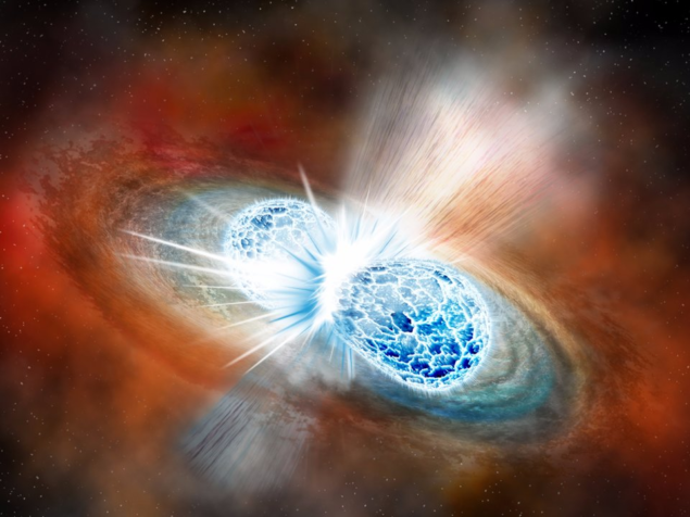 An artist’s rendering of GW170817, a binary neutron-star merger. (Photo credit: Institute of Physics)