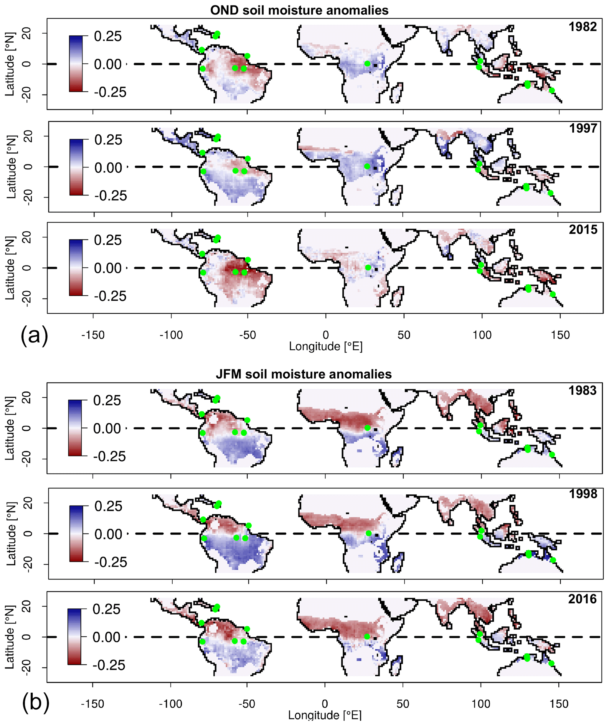 Soil moisture anomalies during super El Niño years during the months of October, November, December (OND) or January, February, March (JFM).