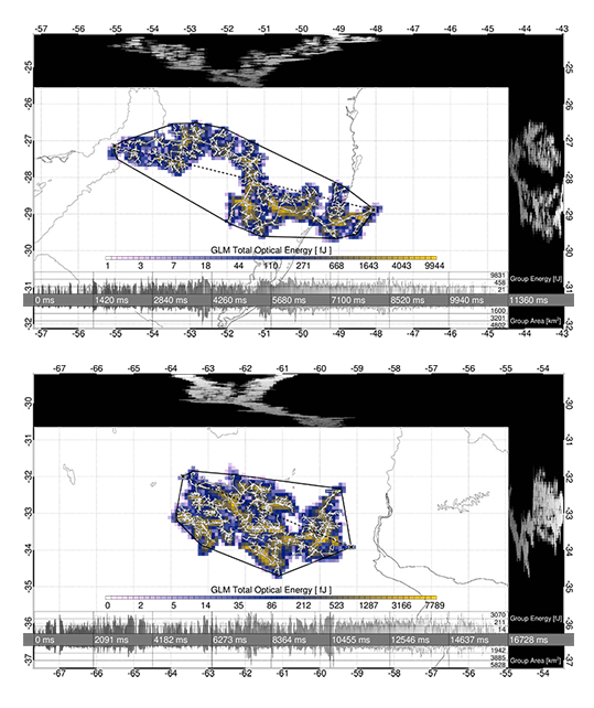 (Top) A plot of the world-record single stratiform lightning flash that covered a distance of 709 km (440 miles) over Brazil. (Bottom) A plot of the world-record duration for a single lightning flash that lasted 16.7 seconds over northern Argentina.