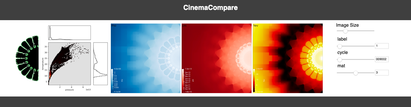 Cinema viewers showing apples-to-apples comparison of different EOS for same simulation. Scientists can use these tools to quickly understand differences between complex simulations. In this example, the tools show clearly that pressure vs temperature is different when only the EOS is changed. 