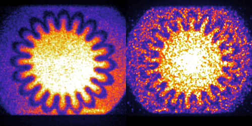 X-ray radiograph of direct-drive cylindrical implosion at the Omega Laser Facility (left) and the National Ignition Facility (right). The cylinders have an initial mode = 20 engineered sine-wave perturbations. The perturbations grow largely due to Rayleigh–Taylor instability as the cylinder implodes.
