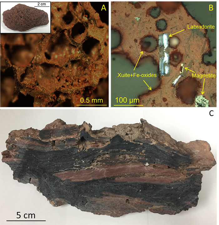 (A) Reddish-brown scoria specimen showing porous texture with vesicles covered by oxide minerals of xuite, luogufengite, hematite, and maghemite. (B) A polished surface of a scoria thin section shows brownish coating of the oxides on the vesicle surfaces. (C) A co-type specimen of paralava sample from Wyoming. The reddish area contains the xuite, hematite, and silica-rich glass.