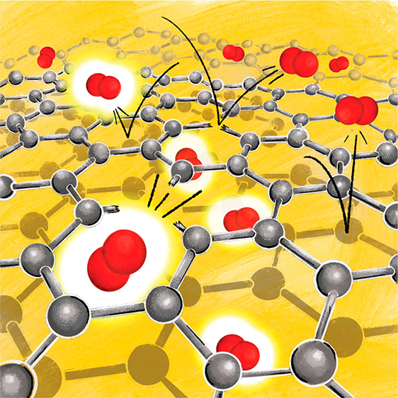 The research was featured on the cover of The Journal of Physical Chemistry Letters. The graphic demonstrates oxygen (non-glowing red spheres) bouncing off the graphene coating, and energized oxygen (glowing red spheres) penetrating the coating.