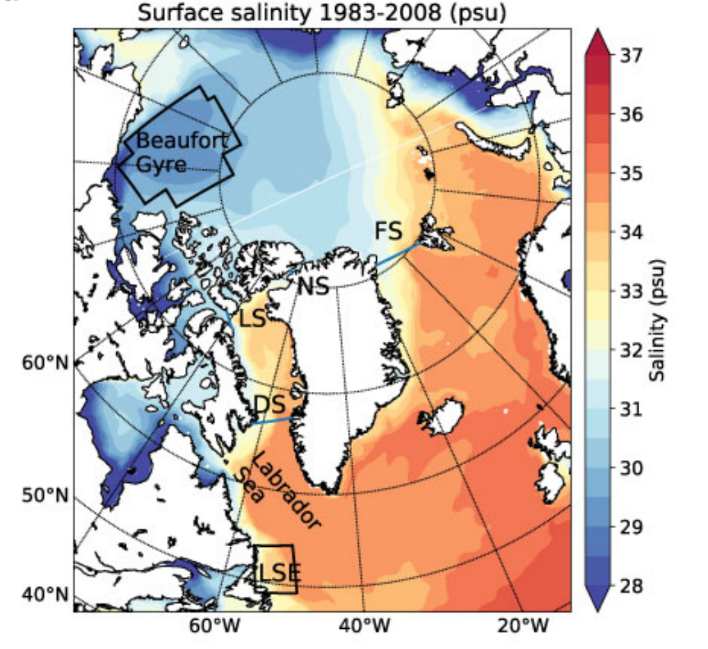 The map shows the study region of the Beaufort Gyre (BG) and major ocean gateways, as well as the BG freshwater content. Climatological surface salinity in the Arctic and the North Atlantic for 1983–2008 is shown on a color scale. Black zigzag box indicates the BG region. Green box, exit of Labrador Sea (LSE); NS, Nares Strait; LS, Lancaster Sound; DS, Davis Strait; FS, Fram Strait.