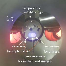 IBML’s dual-beam chamber between 3 MV NEC tandem accelerator and 200 kV Varian ion implanter to be used to perform H-implantation and H-retention measurement with nuclear reaction analysis, 2H(3He, p)4He. 