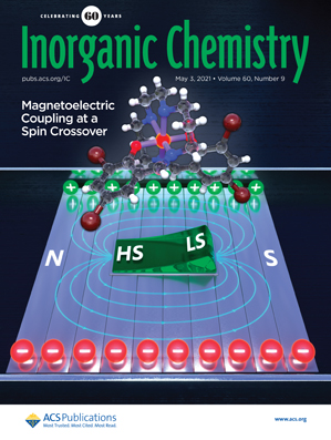 Inorganic Chemistry featured the work on its cover. Here, a Mn3+ complex in shown magnetoelectric coupling at a spin crossover. The spin crossover between the high-spin (HS) and low-spin (LS) states (shown as a switch) triggers a structural phase transition between different polar space groups. The graphic shows an artist's rendition of the electric and magnetic field lines in the sample.