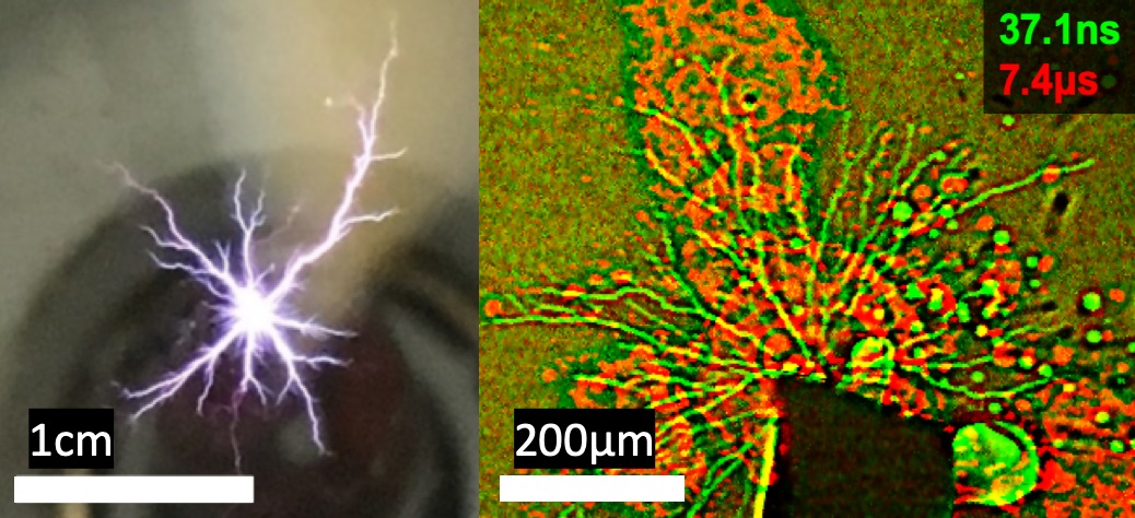 (Left) Visible image of the lightning in water phenomenon with a long integration/exposure time; (right) X-ray image of the phenomenon with an integration/exposure time less than 100 picoseconds and better spatial resolution. A picosecond equals one-trillionth of one second, or one one-thousandth of a nanosecond.